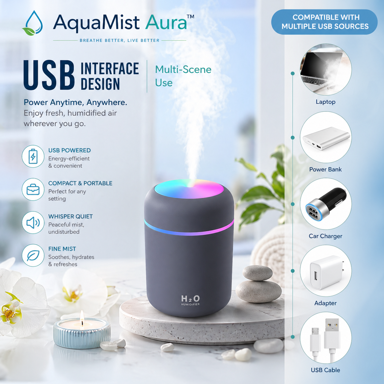 AquaMist Aura™ H2O Humidifier & Aroma Diffuser (Grey)